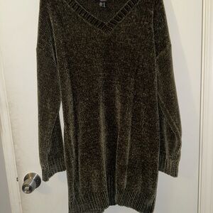 Olive Green V-Neck Women's Sweater Dress